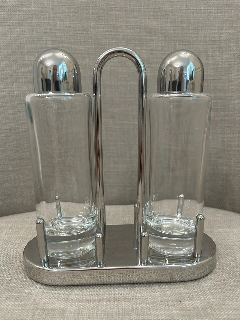 Ettore Sottsass for Alessi Italy Glass and Stainless Steel Oil Vinegar Cruet Set